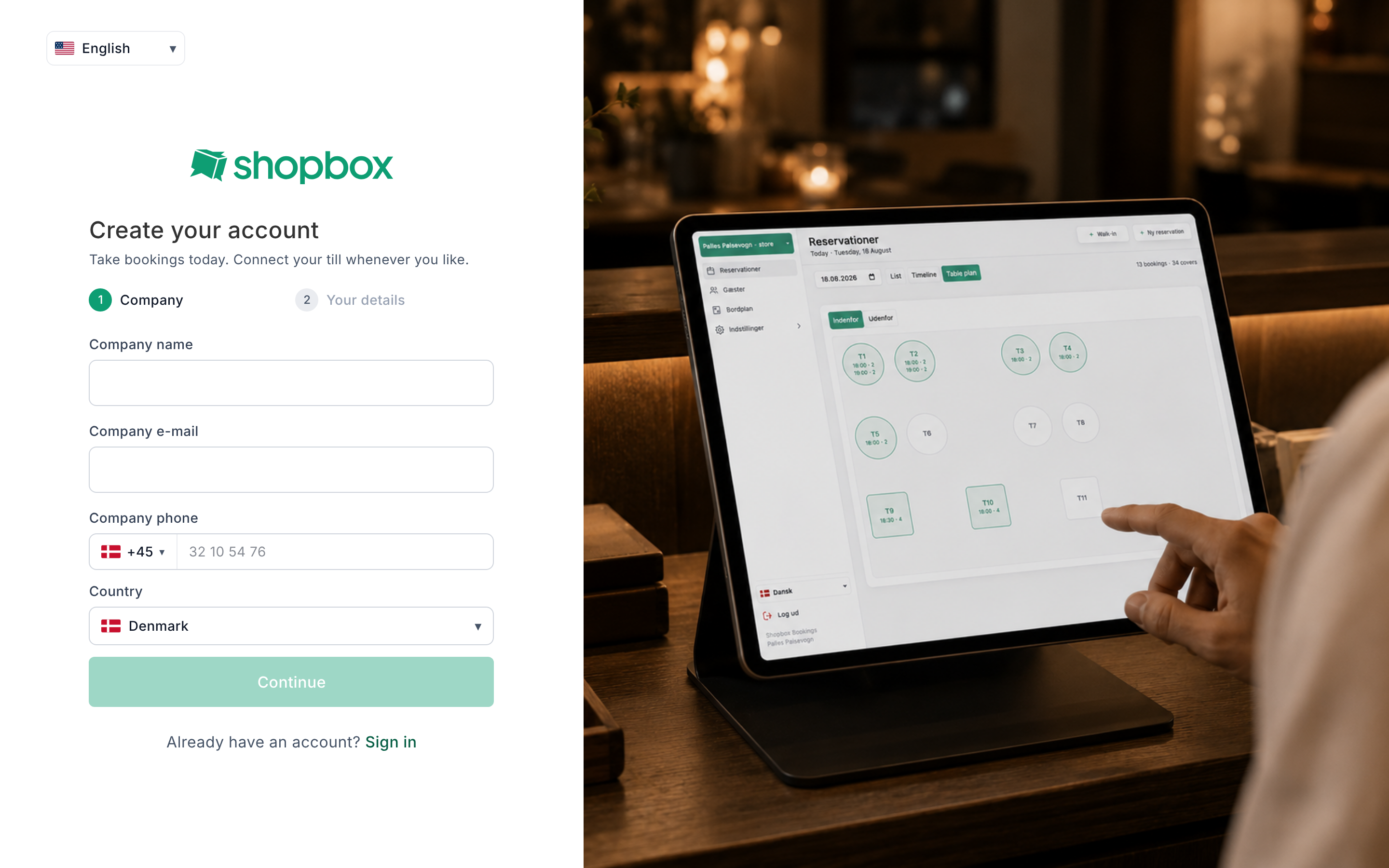 The Create your account page, step 1 of 2, next to a photo of the table plan on a tablet