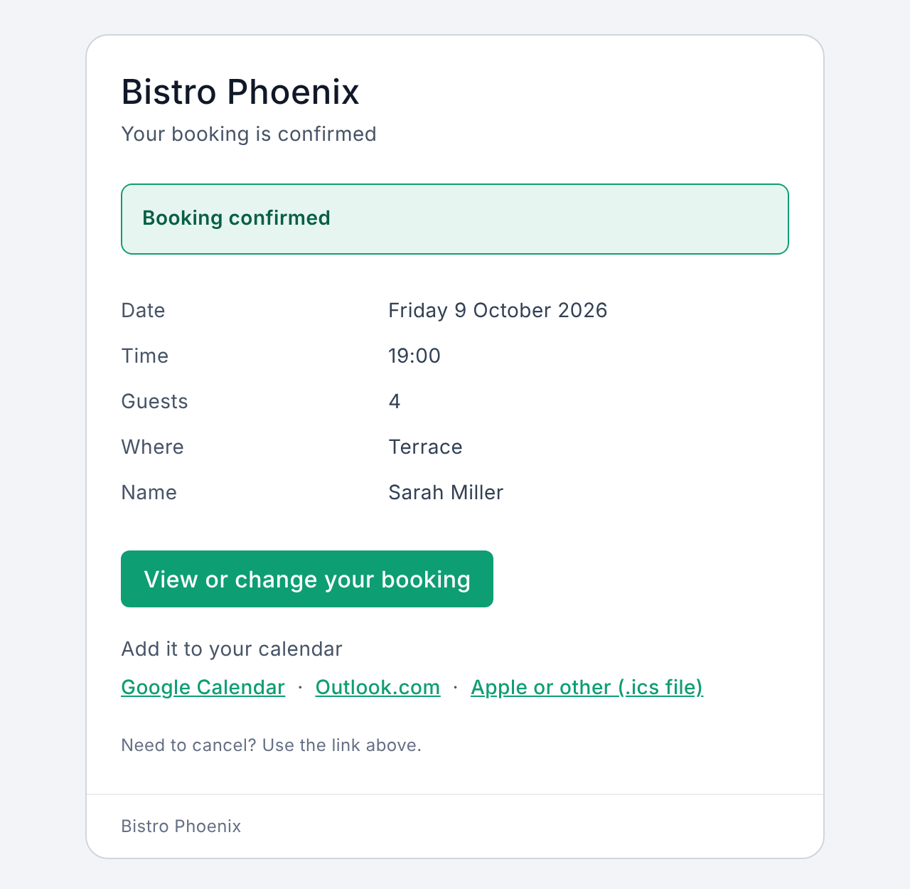 The booking confirmation e-mail for Sarah Miller: four guests on the terrace at 19:00, with a button to view or change the booking and calendar links
